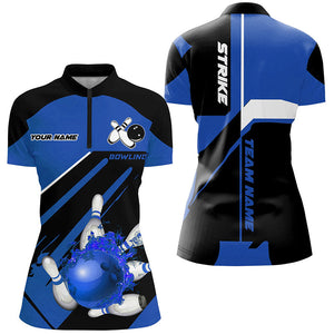 Black and blue Bowling polo, quarter zip shirt for Women Custom Flame bowling ball pins uniform shirt NQS8672