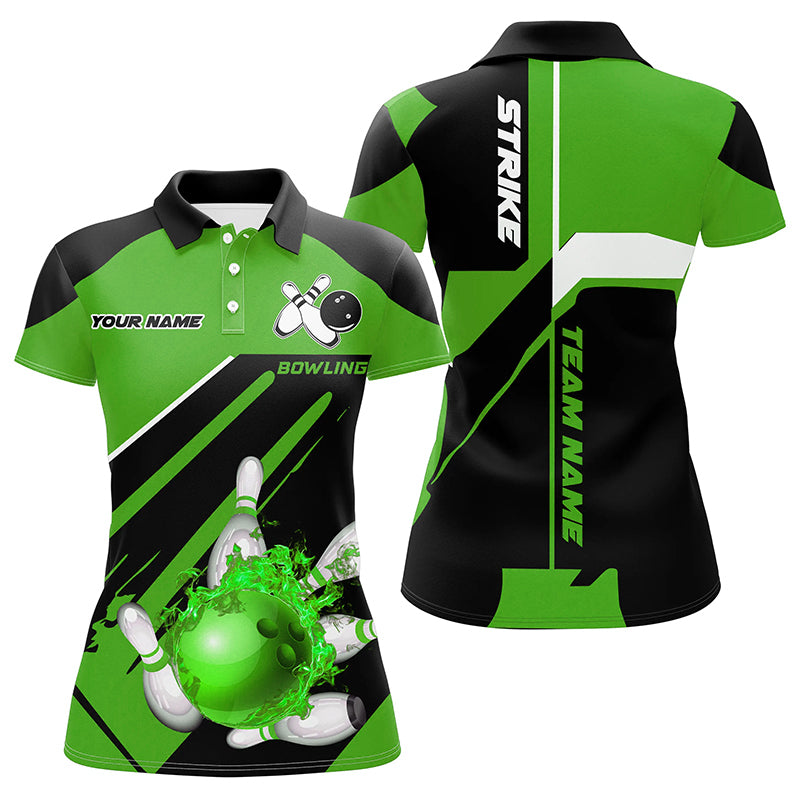 Black and Green Bowling polo, quarter zip shirt for Women Custom Flame bowling ball pins uniform shirt NQS8673