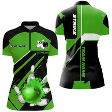 Load image into Gallery viewer, Black and Green Bowling polo, quarter zip shirt for Women Custom Flame bowling ball pins uniform shirt NQS8673