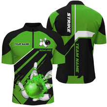 Load image into Gallery viewer, Black and Green Bowling polo, quarter zip shirt for men Custom Flame bowling ball pins uniform shirt NQS8673