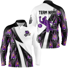 Load image into Gallery viewer, Custom Purple Flame Bowling Black Camo Shirts For Men, Personalized Bowling Team Jerseys NQS8896