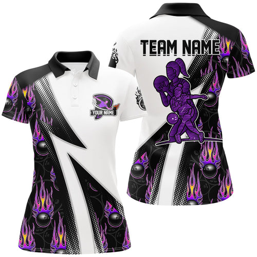 Custom Purple Flame Bowling Black Camo Shirts For Women, Personalized Bowling Team Jerseys NQS8896