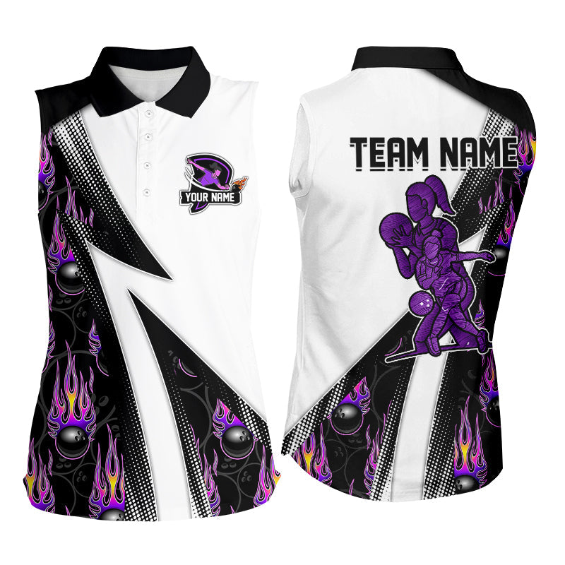 Custom Purple Flame Black Camo Bowling Sleeveless Polos Shirts, Personalized Bowling Team Jerseys NQS8896