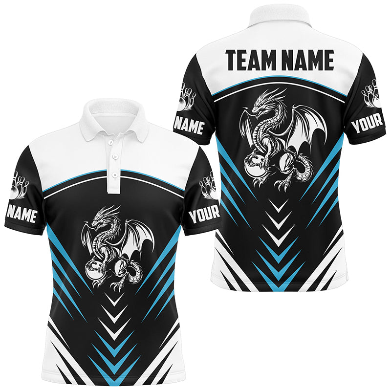 Black and White Dragon Bowling Polo, 1/4 Zip Shirt For Men Personalized Bowling Team Jerseys | Blue NQS8905