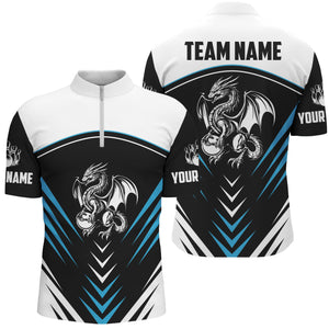 Black and White Dragon Bowling Polo, 1/4 Zip Shirt For Men Personalized Bowling Team Jerseys | Blue NQS8905