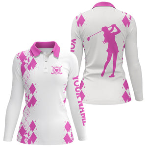 Womens golf polos shirts custom name white golf shirt, golfing gifts | Pink NQS4509