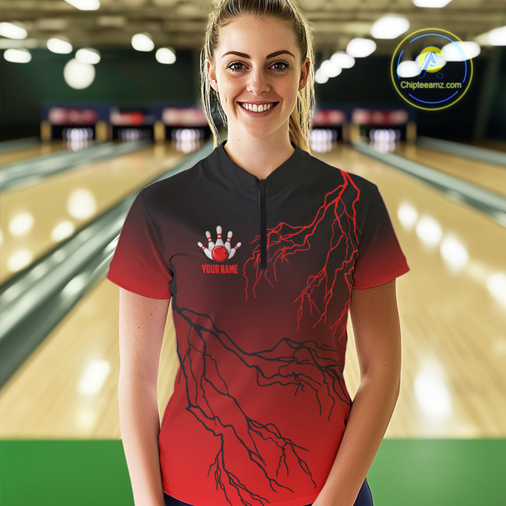 Black and Red gradient Lightning thunder storm Bowling shirts for Women Custom Bowling Team Jerseys NQS9353