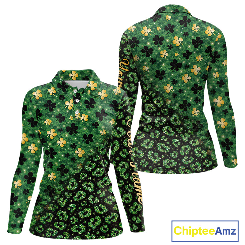 Green and Gold Clover glitter leopard St Patrick's day pattern custom shamrock Women golf polo shirts NQS11423