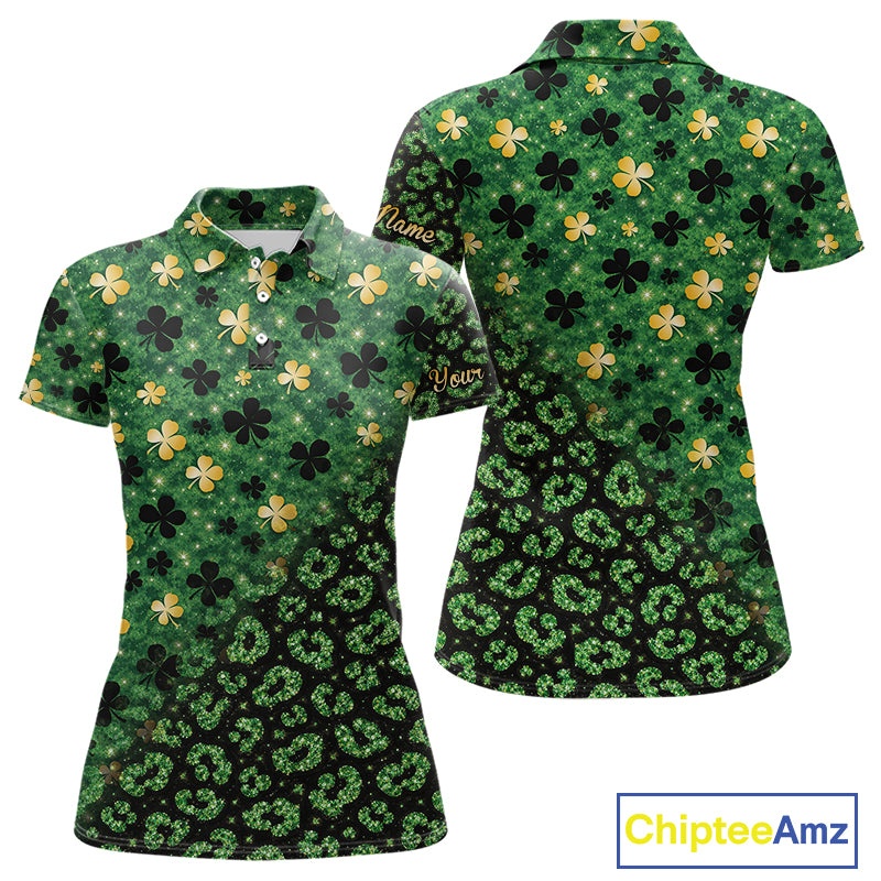 Green and Gold Clover glitter leopard St Patrick's day pattern custom shamrock Women golf polo shirts NQS11423