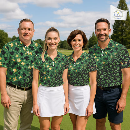 Green and Gold Clover glitter leopard St Patrick's day pattern custom shamrock Mens golf polo shirts NQS11423