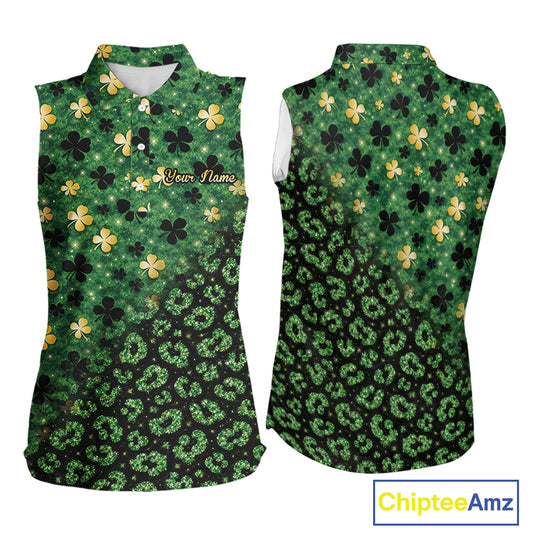 Green and Gold Clover glitter leopard St Patrick's day pattern custom ladies sleeveless golf tops NQS11423