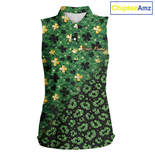 Green and Gold Clover glitter leopard St Patrick's day pattern custom ladies sleeveless golf tops NQS11423