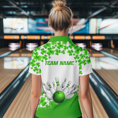Green and White Shamrock pattern Bowling Shirts For Women Custom St Patrick Day Bowling Team Jerseys NQS9496