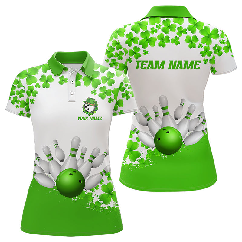 Green and White Shamrock pattern Bowling Shirts For Women Custom St Patrick Day Bowling Team Jerseys NQS9496