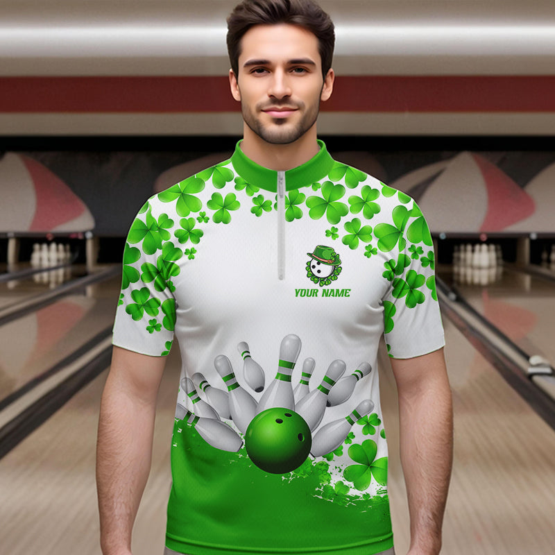 Green and White Shamrock pattern Bowling Shirts For Men Custom St Patrick Day Bowling Team Jerseys NQS9496