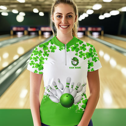 Green and White Shamrock pattern Bowling Shirts For Women Custom St Patrick Day Bowling Team Jerseys NQS9496
