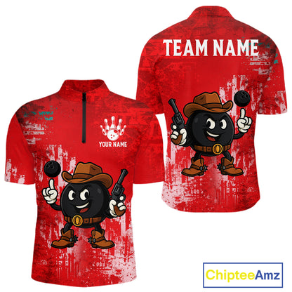 Custom Funny Cowboy Gunster Bowling Polo, 1/4 zip Shirts For Men, Bowling Team League Jerseys | Red NQS11625