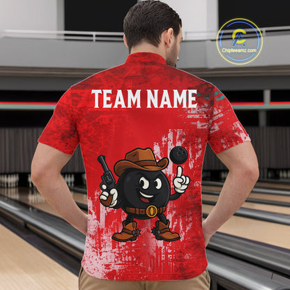 Custom Funny Cowboy Gunster Bowling Polo, 1/4 zip Shirts For Men, Bowling Team League Jerseys | Red NQS11625