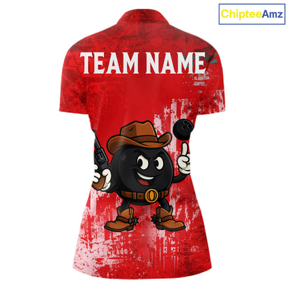Custom Funny Cowboy Gunster Bowling Polo, 1/4 zip Shirts For Women, Bowling Team League Jerseys | Red NQS11625
