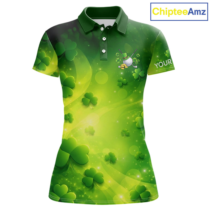Green clover pattern St Patrick's Day Womens Golf Polo Shirts Custom Shamrock Golf outfit For Ladies NQS11628