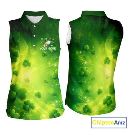 Green clover pattern St Patrick's Day Ladies Sleeveless Golf Polo Shirts Custom Shamrock Golf outfit NQS11628