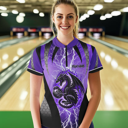 Black and Purple Thunder Lightning Dragon Bowling Team Shirts For Women Custom Bowling Uniform NQS9662
