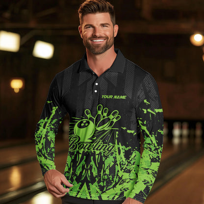 Black and Green Camo Bowling Team Shirts For Men Custom Bowling Uniform Polo, Quarter Zip Shirts NQS9665