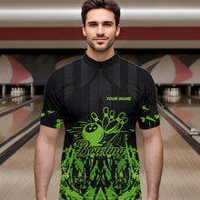 Load image into Gallery viewer, Black and Green Camo Bowling Team Shirts For Men Custom Bowling Uniform Polo, Quarter Zip Shirts NQS9665