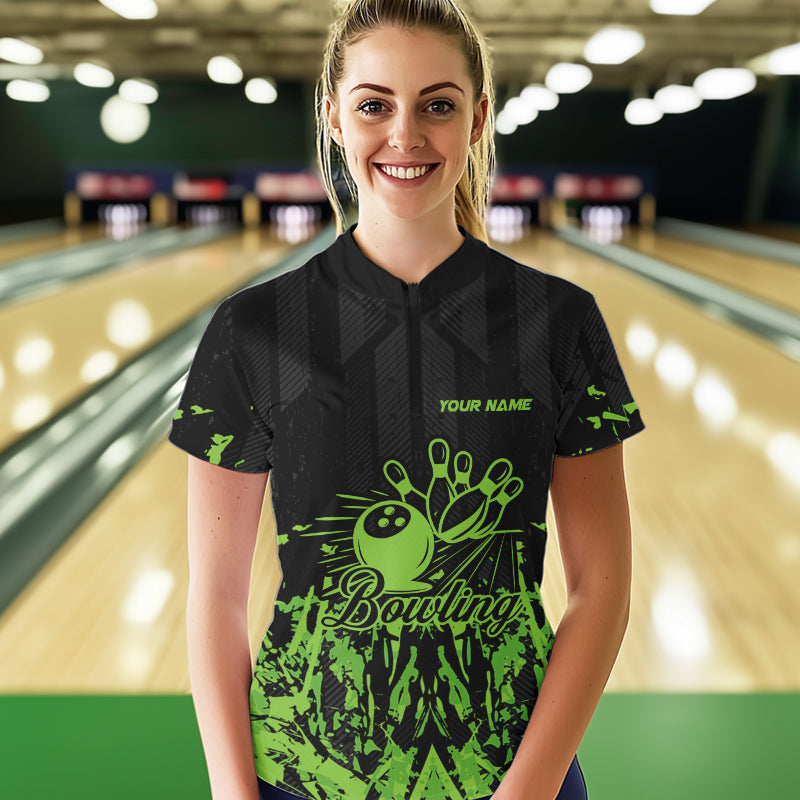 Black and Green Camo Bowling Team Shirts For Women Custom Bowling Uniform Polo, Quarter Zip Shirts NQS9665