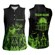 Load image into Gallery viewer, Black and Green Camo Bowling Team Shirts For Women Custom Bowling Uniform Sleeveless Polo Shirt NQS9665