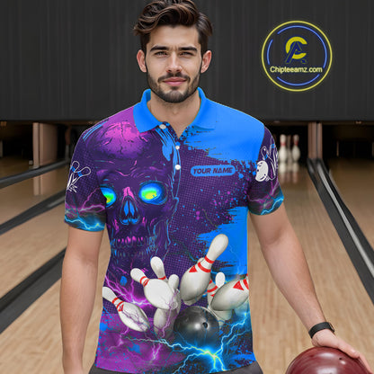 Purple and Blue Lightning Thunder Storm Skull Bowling Shirts For Men Custom Bowling Team Jerseys NQS11729