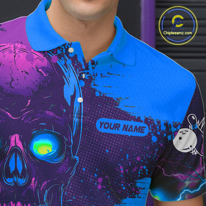 Purple and Blue Lightning Thunder Storm Skull Bowling Shirts For Men Custom Bowling Team Jerseys NQS11729