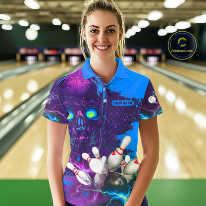 Purple and Blue Lightning Thunder Storm Skull Bowling Shirts For Women Custom Bowling Team Jerseys NQS11729