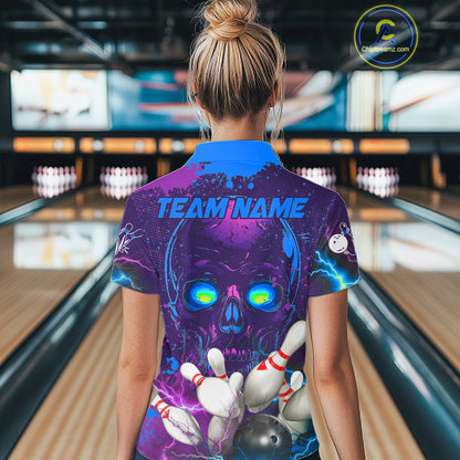 Purple and Blue Lightning Thunder Storm Skull Bowling Shirts For Women Custom Bowling Team Jerseys NQS11729