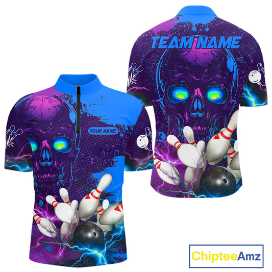 Purple and Blue Lightning Thunder Storm Skull Bowling Shirts For Men Custom Bowling Team Jerseys NQS11729
