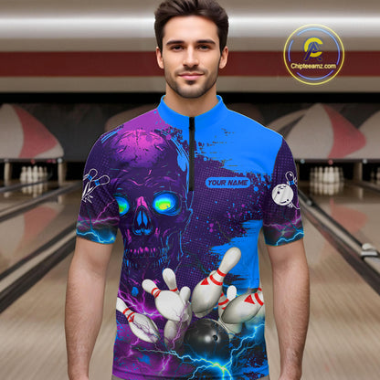 Purple and Blue Lightning Thunder Storm Skull Bowling Shirts For Men Custom Bowling Team Jerseys NQS11729