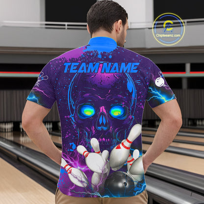 Purple and Blue Lightning Thunder Storm Skull Bowling Shirts For Men Custom Bowling Team Jerseys NQS11729