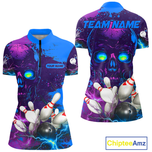 Purple and Blue Lightning Thunder Storm Skull Bowling Shirts For Women Custom Bowling Team Jerseys NQS11729