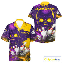 Load image into Gallery viewer, Purple and Yellow Lightning Thunder Storm Skull Bowling Button-up Shirt Custom Bowling Team Jerseys NQS11730