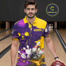 Load image into Gallery viewer, Purple and Yellow Lightning Thunder Storm Skull Bowling Shirts For Men Custom Bowling Team Jerseys NQS11730