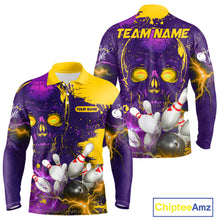 Load image into Gallery viewer, Purple and Yellow Lightning Thunder Storm Skull Bowling Shirts For Men Custom Bowling Team Jerseys NQS11730
