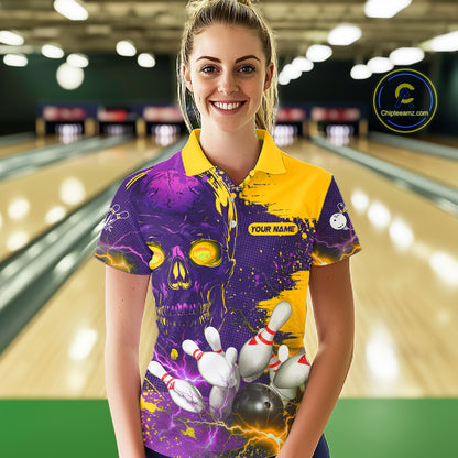 Purple and Yellow Lightning Thunder Storm Skull Bowling Shirts For Women Custom Bowling Team Jerseys NQS11730