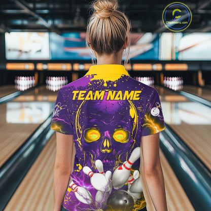 Purple and Yellow Lightning Thunder Storm Skull Bowling Shirts For Women Custom Bowling Team Jerseys NQS11730