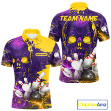Load image into Gallery viewer, Purple and Yellow Lightning Thunder Storm Skull Bowling Shirts For Men Custom Bowling Team Jerseys NQS11730