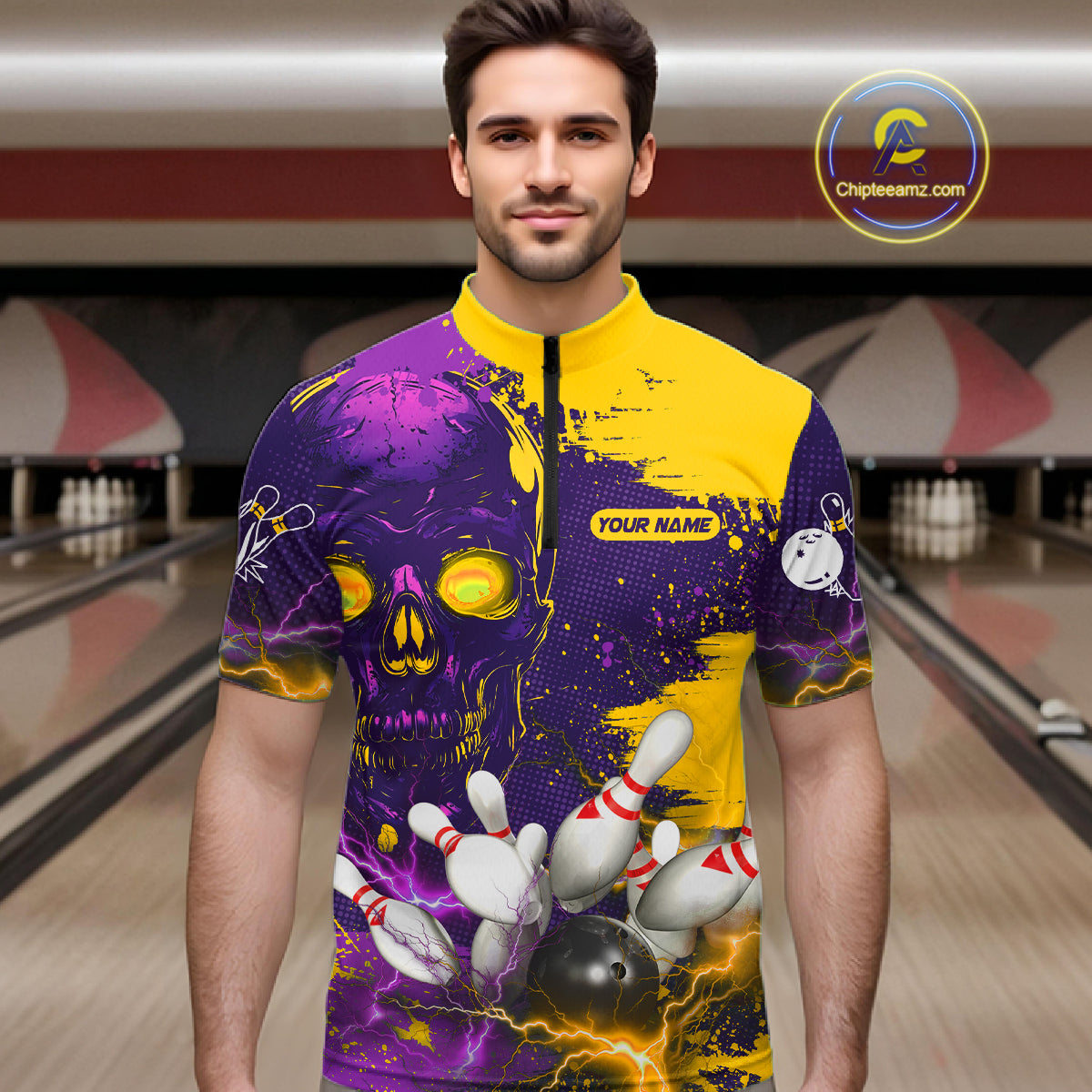 Purple and Yellow Lightning Thunder Storm Skull Bowling Shirts For Men Custom Bowling Team Jerseys NQS11730