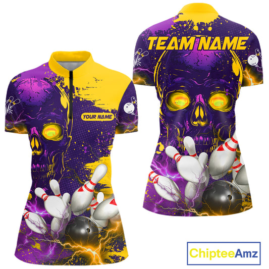 Purple and Yellow Lightning Thunder Storm Skull Bowling Shirts For Women Custom Bowling Team Jerseys NQS11730