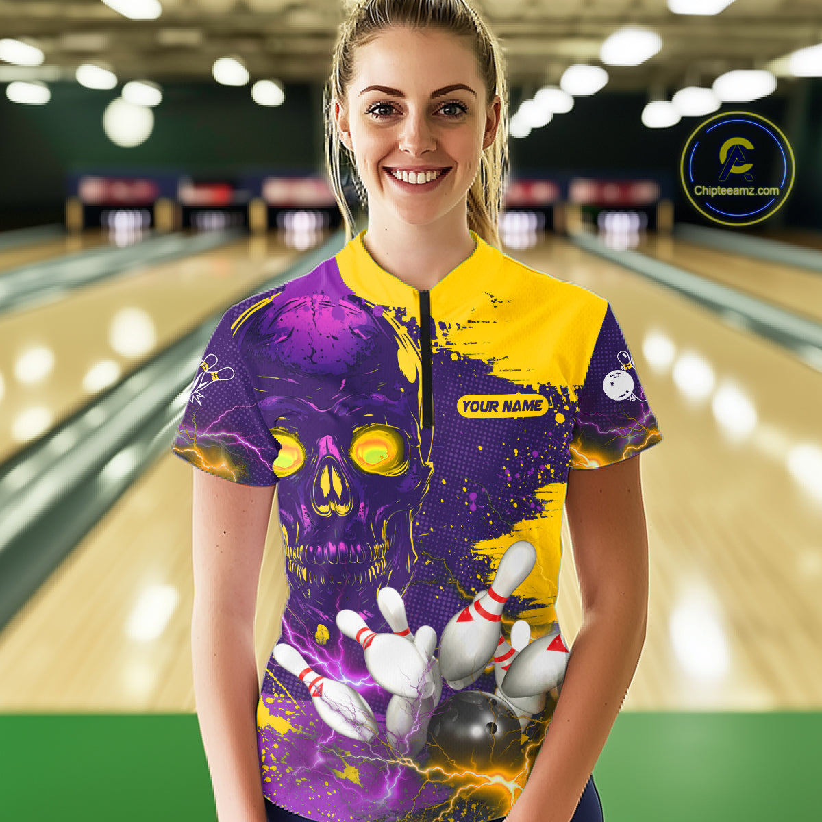 Purple and Yellow Lightning Thunder Storm Skull Bowling Shirts For Women Custom Bowling Team Jerseys NQS11730