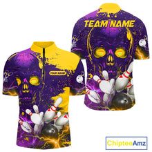 Load image into Gallery viewer, Purple and Yellow Lightning Thunder Storm Skull Bowling Shirts For Men Custom Bowling Team Jerseys NQS11730