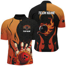 Load image into Gallery viewer, Black and Orange Flame Bowling Polo, Quarter Zip shirts for men custom team bowling jerseys bowl gifts NQS7799