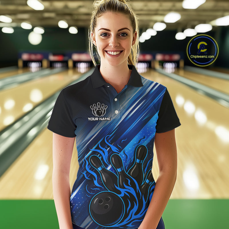 Black and Blue Flame Bowling Polo, Quarter Zip Shirt For Women Custom Team Ladies Bowling Jerseys NQS10099